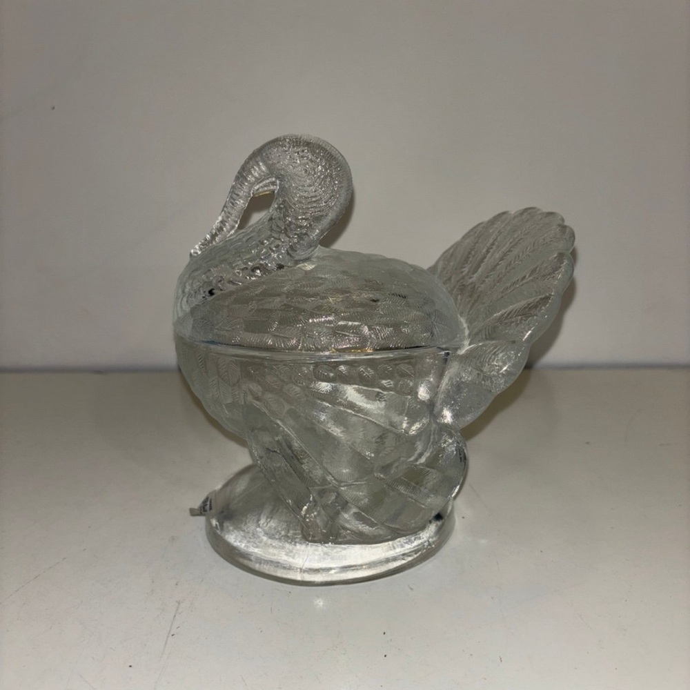 Vintage LE Smith Turkey Glass Dish "Tom Turkey" Shaped Lidded Candy Dish 7”
